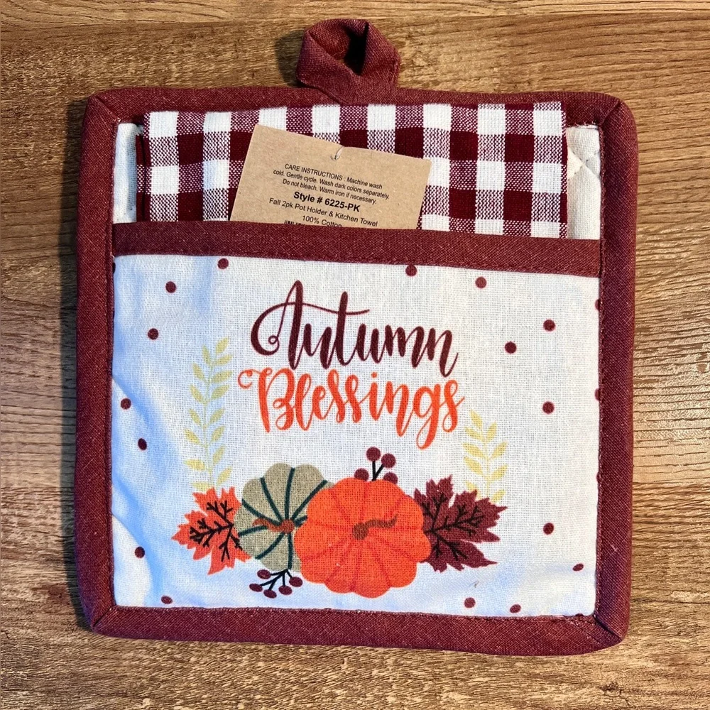Autumn Blessings Pot Holder and Towel‎ Set and Set of Four Dishcloths
